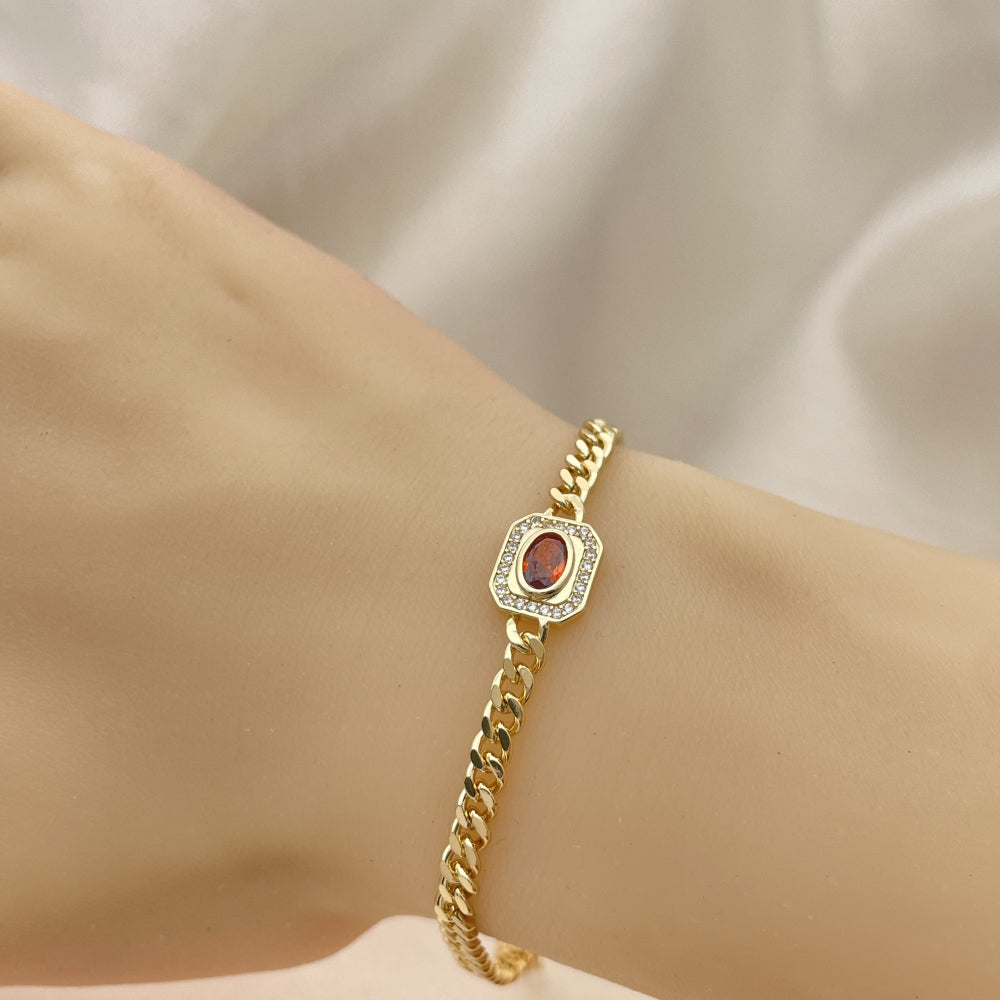 7" Adjustable Cuban Bracelet w/ Ruby Red and White Stones Handmade - Gold Filled Bracelets - 03.213.0162.2.07