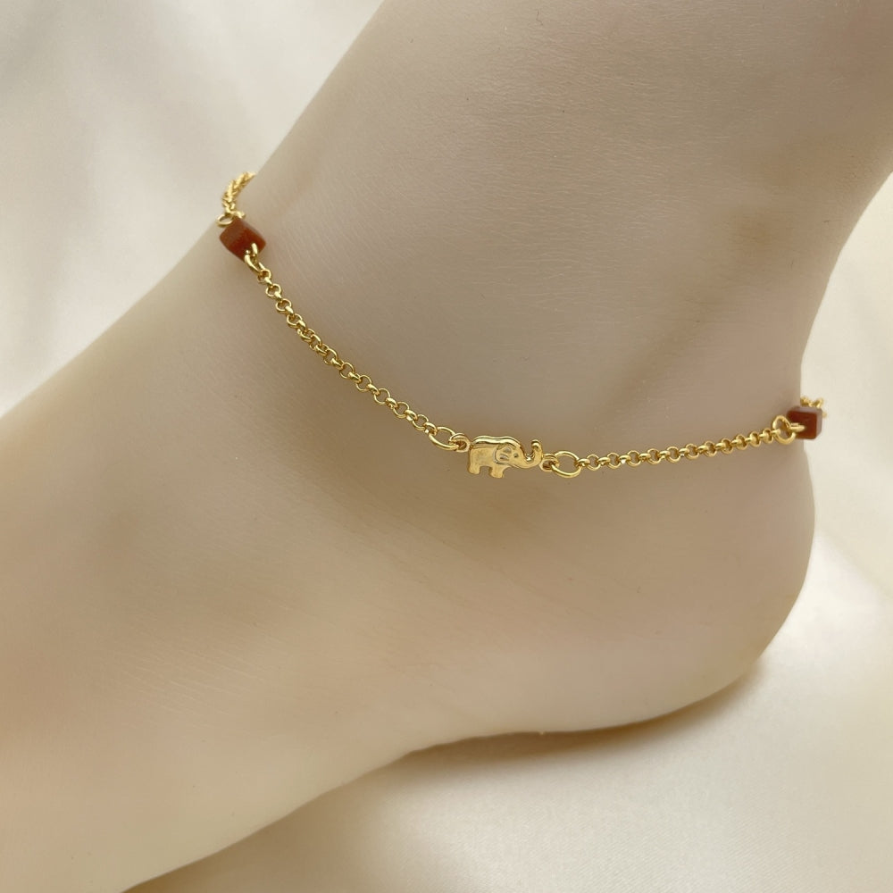 Gold Anklet - Square Goldstone w/ Elephant Charm Handmade with the Highest Gold Filled Style Craftsmanship - Gold Filled Anklets 03.02.0092.10