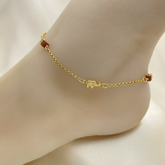 Gold Anklet - Square Goldstone w/ Elephant Charm Handmade with the Highest Gold Filled Style Craftsmanship - Gold Filled Anklets 03.02.0092.10