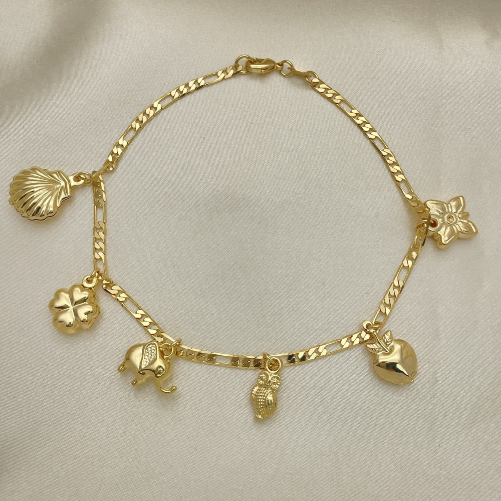 Gold Anklet Handmade with Figaro Chain, Shell, Cloverleaf, Elephant, Owl, Apple and Butterfly Lucky Charms, Gold Filled Style 03.32.0606.10