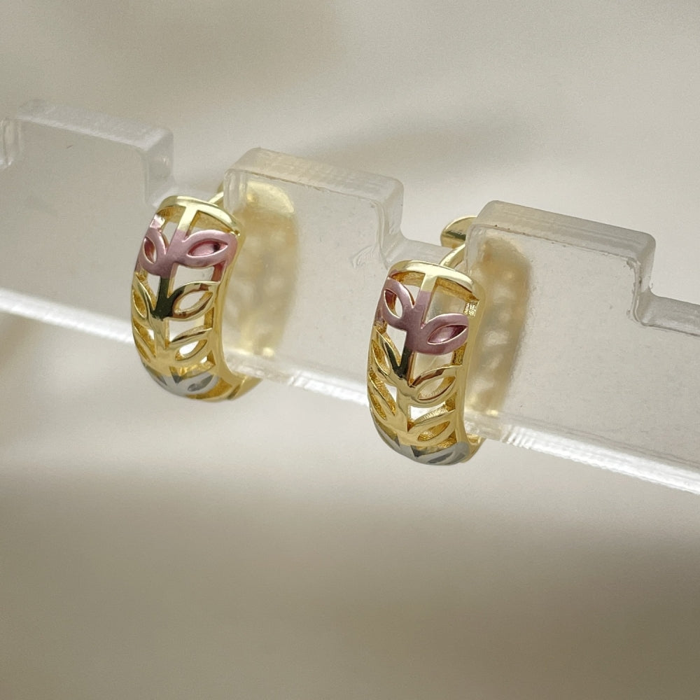 15mm Tritone Hoop Earrings Handmade with leaf Designs in Gold Filled Style - Tricolor Earring - Gold Filled Style Hoops 02.102.0072.15