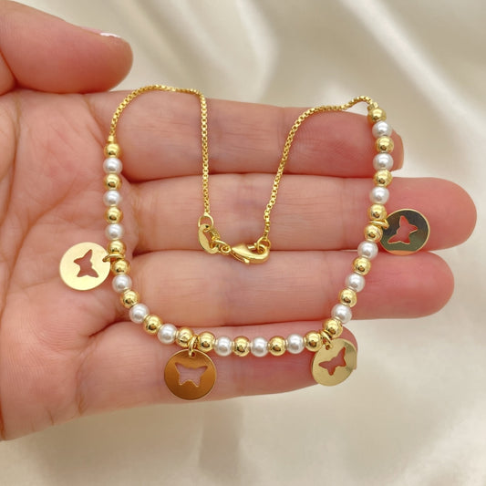 Gold Anklet - Pearl Style w/ Butterfly Charms Handmade with the Highest Gold Filled Style Craftsmanship - Gold Filled Anklets 03.32.0631.10