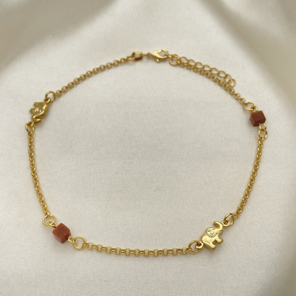 Gold Anklet - Square Goldstone w/ Elephant Charm Handmade with the Highest Gold Filled Style Craftsmanship - Gold Filled Anklets 03.02.0092.10