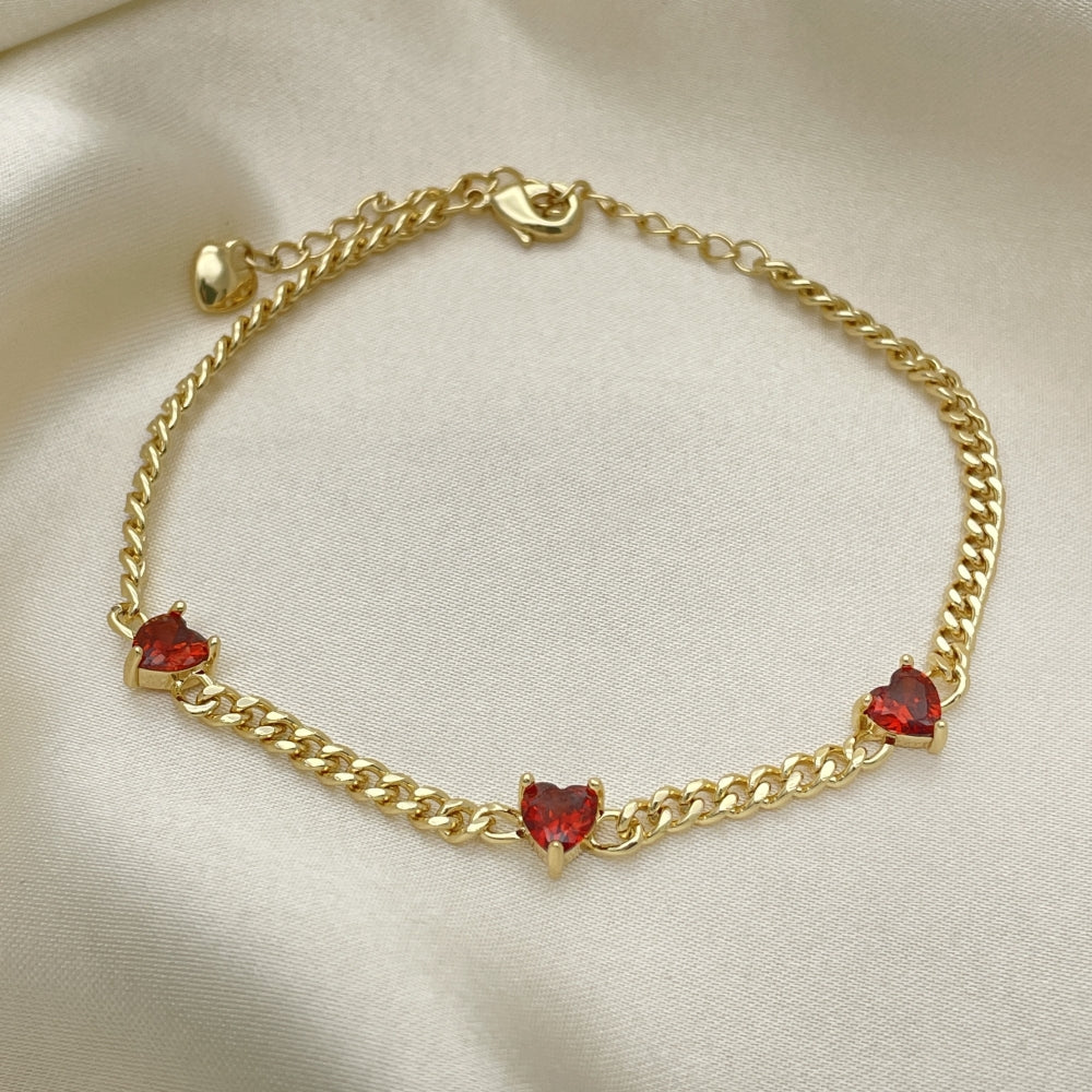 7" Adjustable Gold Cuban Bracelet w/ Ruby Red Stones - Handmade Gold Filled Style Bracelets - 03.213.0184.5.07