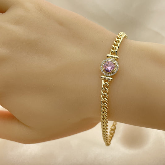 7" Adjustable Cuban Bracelet w/ Pink Sapphire White Stones Handmade - Gold Filled Bracelets - 03.213.0177.4.07