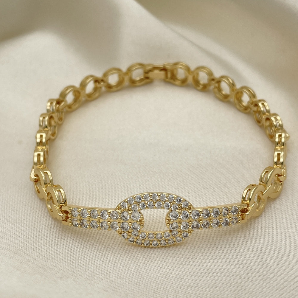 7" Gold Fancy Diamond Link Paperclip Bracelet w/ White CZ Stones - Handmade Gold Filled Style Bracelets-03.283.0043.08