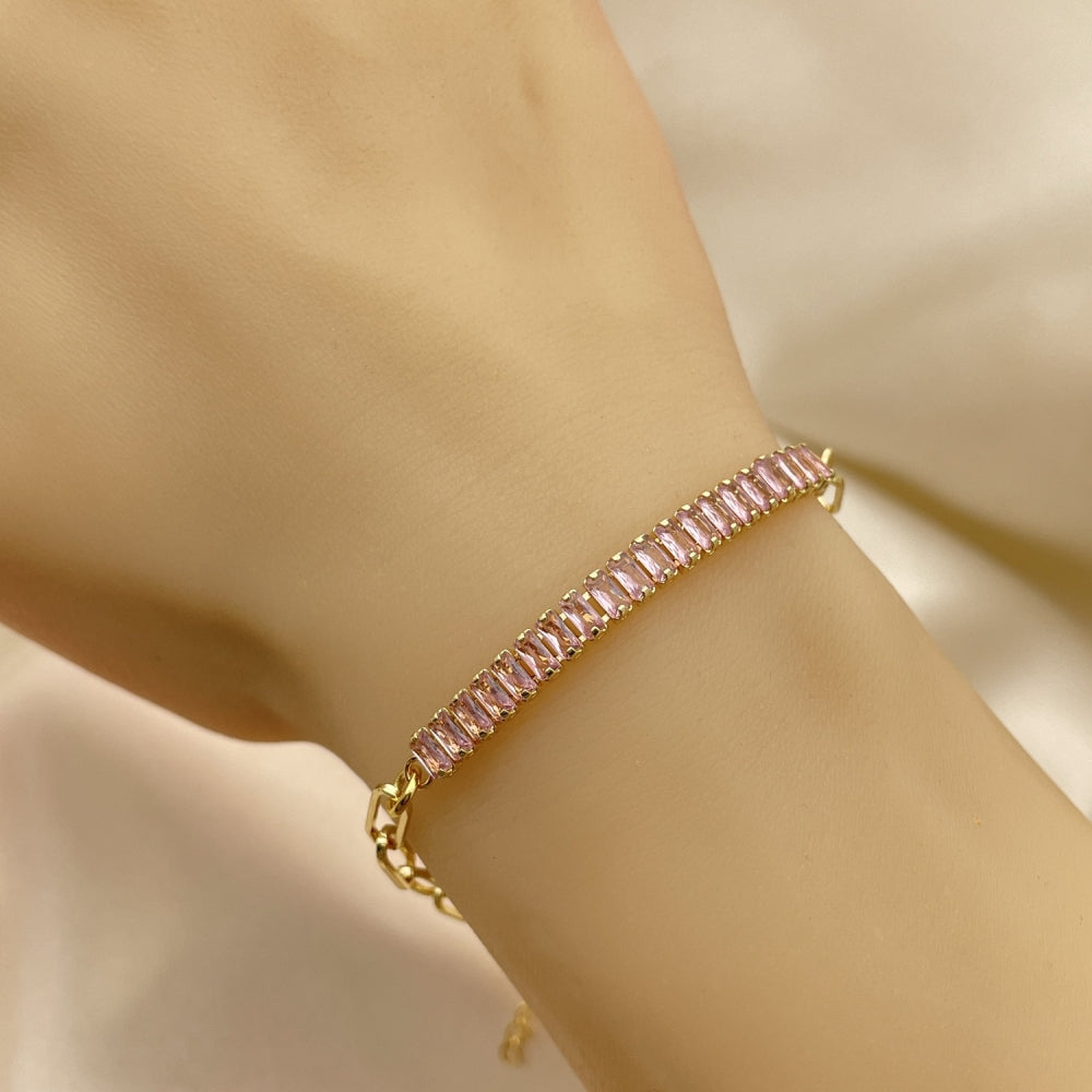 7" Adjustable Paperclip Bracelet w/ Cuban Link and Pink Sapphire Stones -Handmade Gold Filled Style - 03.130.0011.3.07