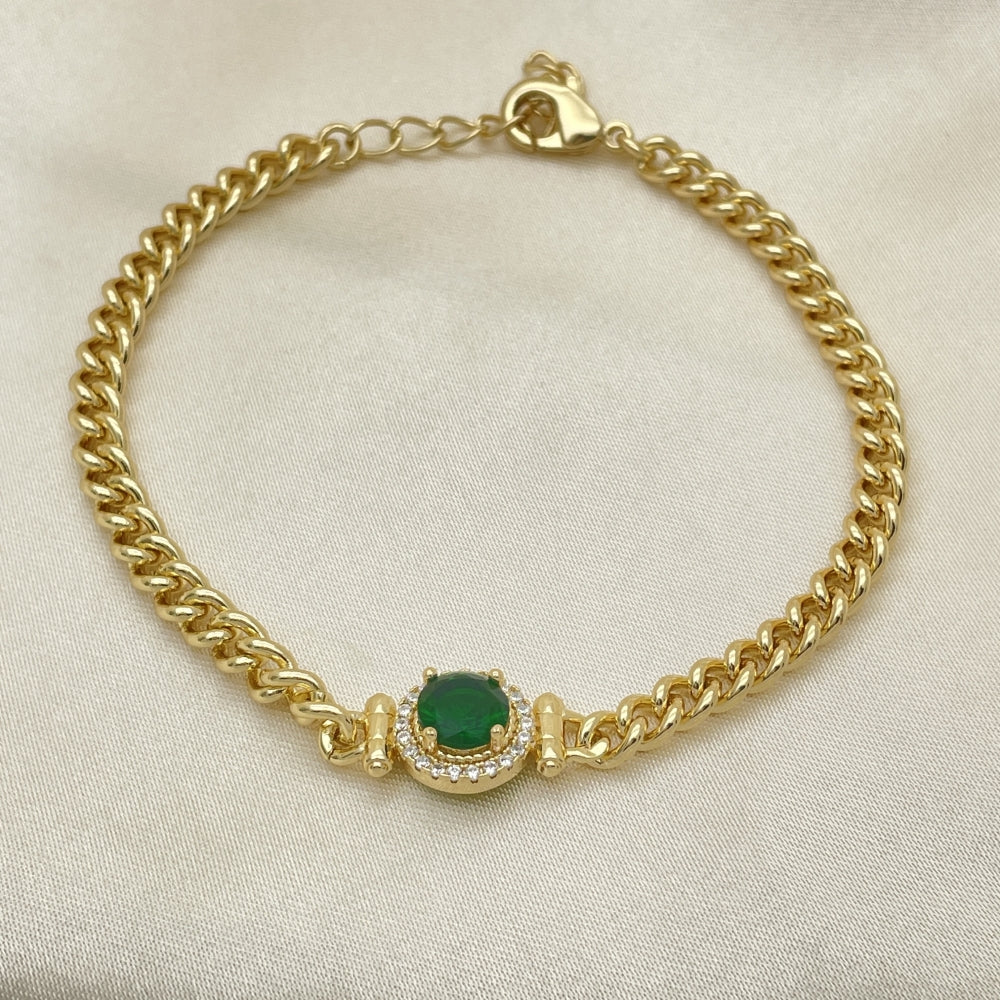 7" Adjustable Cuban Bracelet w/ Emerald Green and White Stones Handmade - Gold Filled Bracelets -03.213.0177.2.07