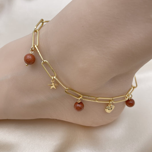 Gold Anklet - Paperclip chain w/ Goldstone Ball, Star, and Heart  Charm Handmade with Gold Filled Style  Anklets 03.63.2282.10