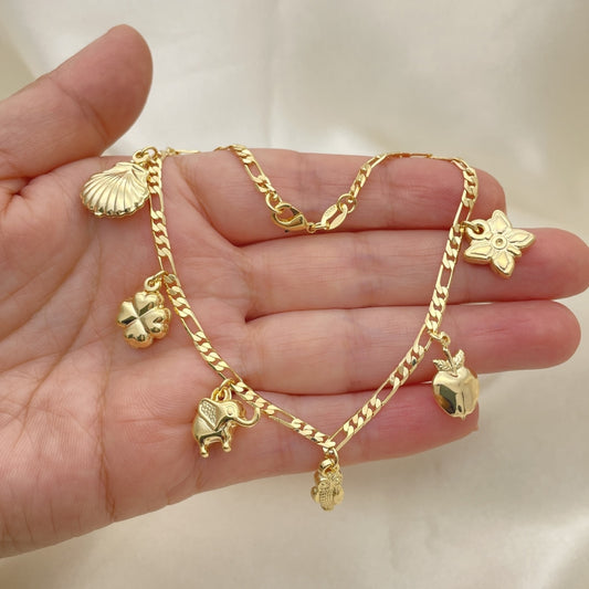 Gold Anklet Handmade with Figaro Chain, Shell, Cloverleaf, Elephant, Owl, Apple and Butterfly Lucky Charms, Gold Filled Style 03.32.0606.10