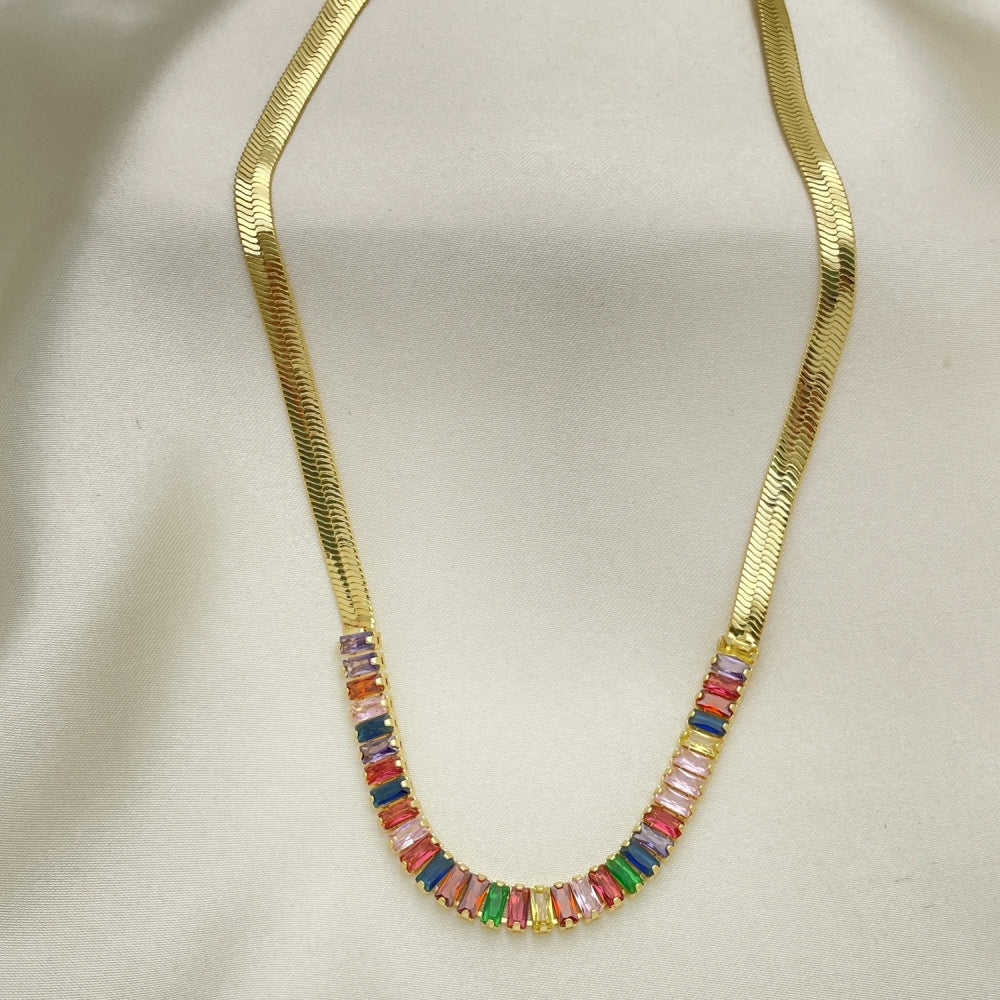 18" Gold Herringbone Necklace Chain w/ Multicolor CZ Stones - 14K Gold Filled Style Necklace Gift for Her  04.341.0097.3.16