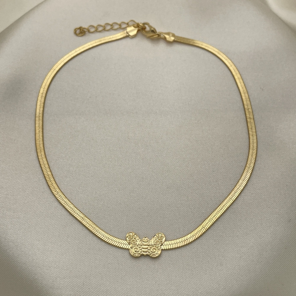 Gold Anklet Handmade with Herringbone Chain w/ Butterfly Charm in Gold Filled Style - Minimalist Gold Filled Style Anklets 03.02.0098.10