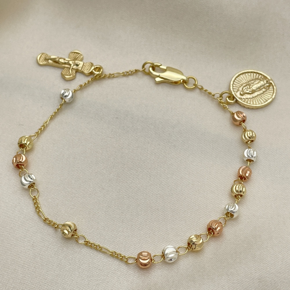 8" Tricolor Gold Bracelet w/ Guadalupe and Cross Design - Handmade Gold Filled Style Bracelets -03.253.0087.08