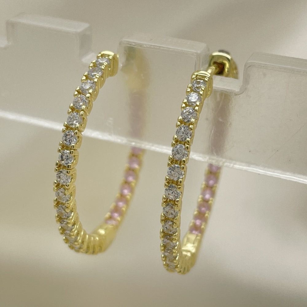 30mm Inside Out Diamond like Red and White Zirconia Hoop Earrings Handmade Gold Filled Style Lightweight - 02.156.0567.3.30