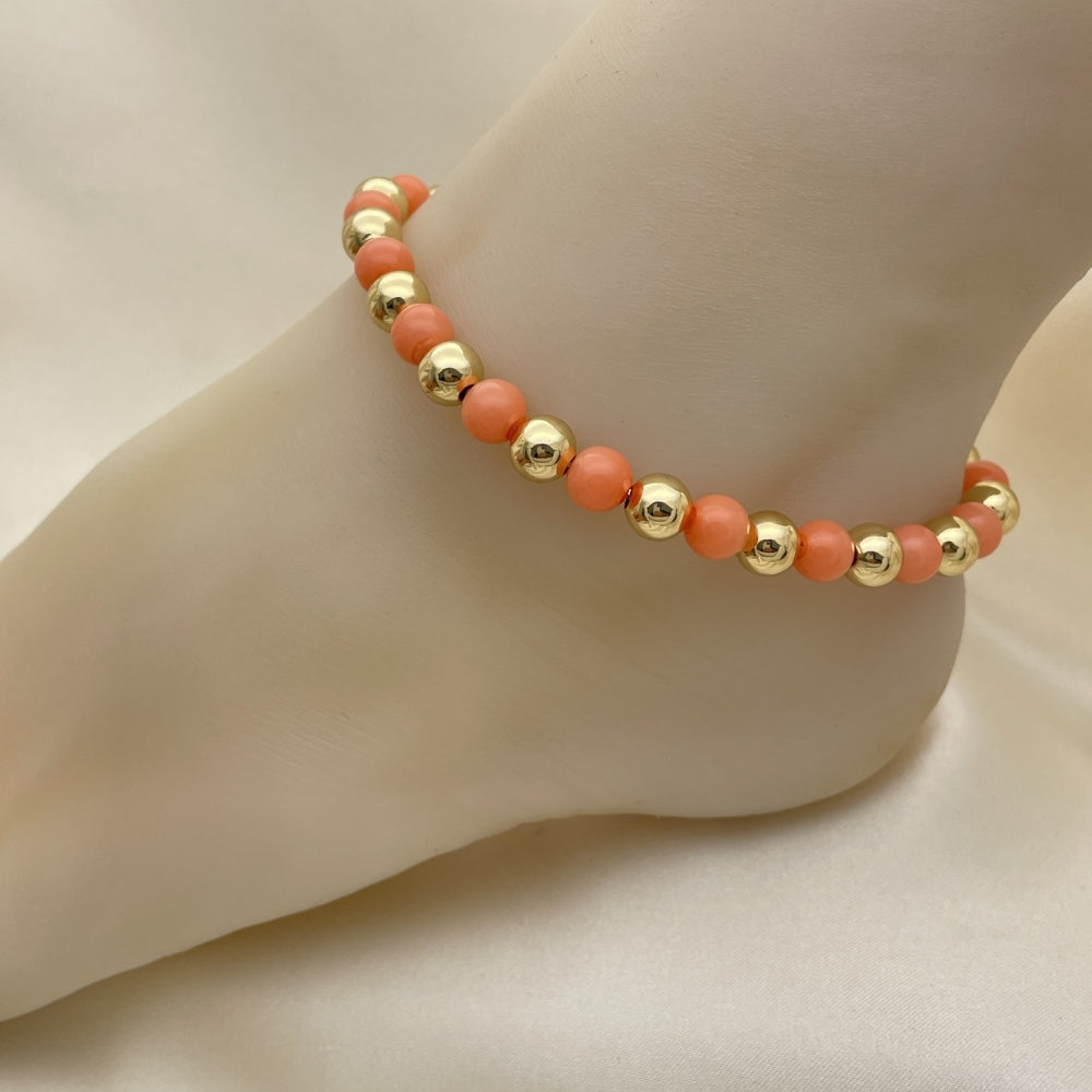 Gold Anklet - Pink Coral w/ Gold Ball Bead Pattern Handmade with the Highest Craftsmanship - Gold Filled Style Anklets 03.63.2225.2.10