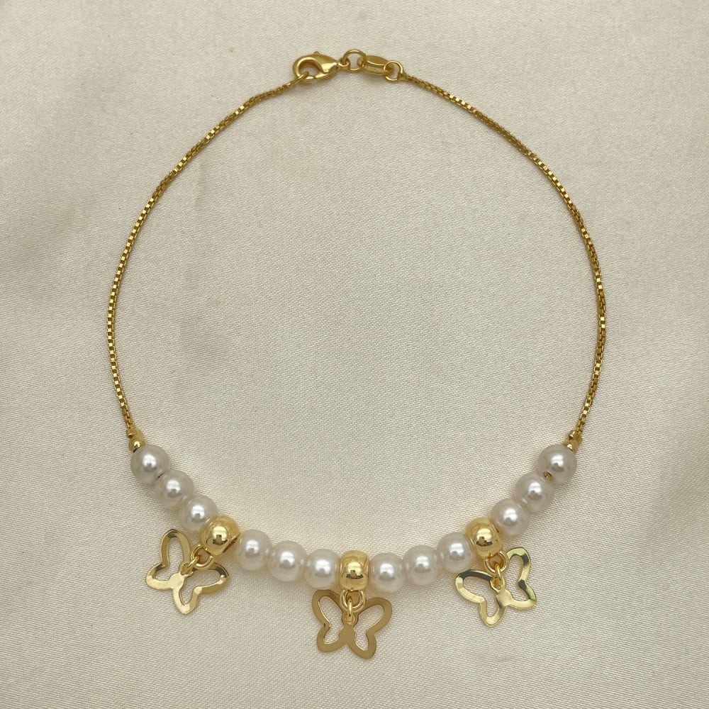 Gold Anklet -  Pearl w/ Butterfly Charms Handmade with the Highest Gold Filled Style Craftsmanship - Gold Filled Anklets 03.32.0634.10