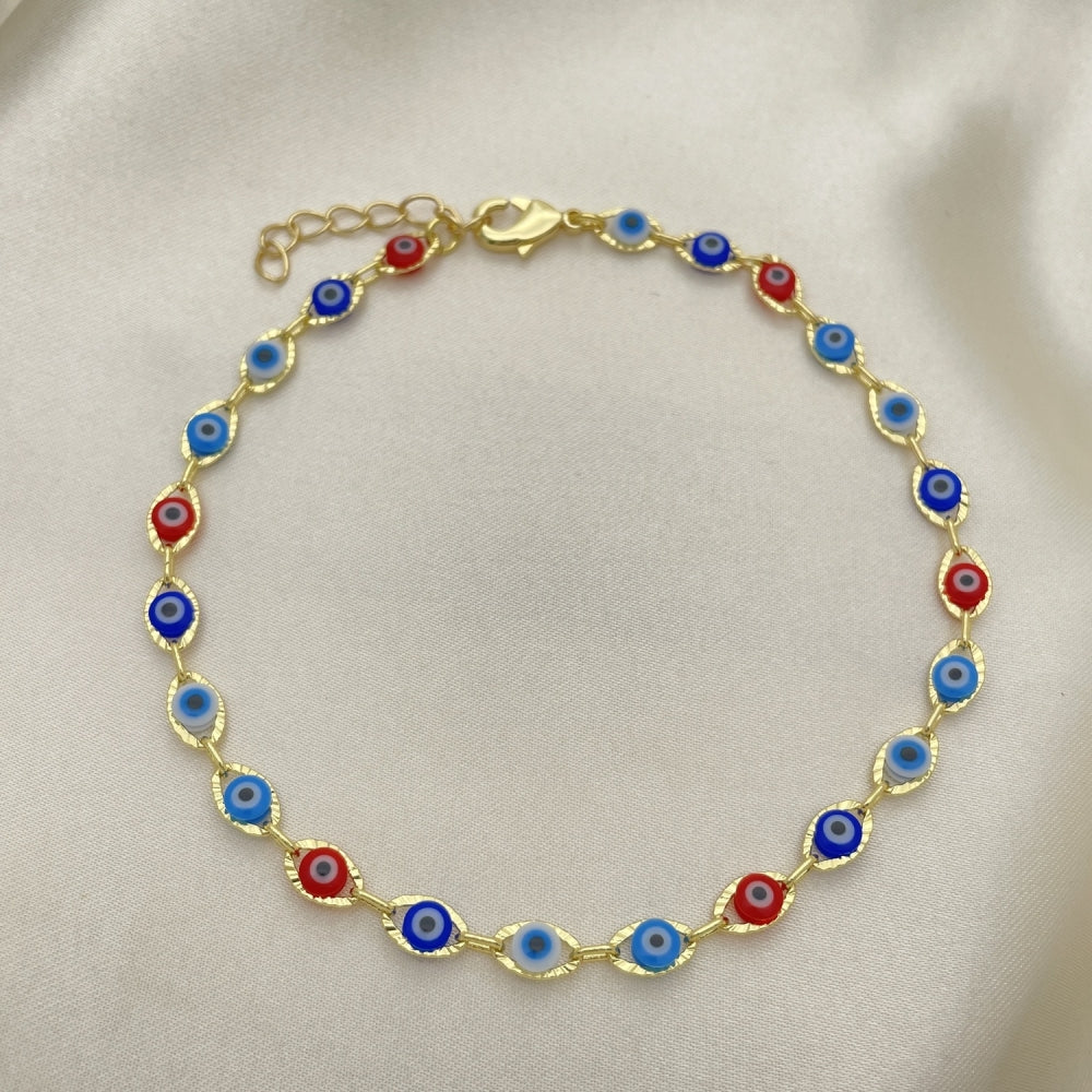 Gold Anklet - Diamond Cut Style w/ Evil Eye Charms Red, Blue, and White Handmade  - Gold Filled Style Anklets 03.63.2212.10