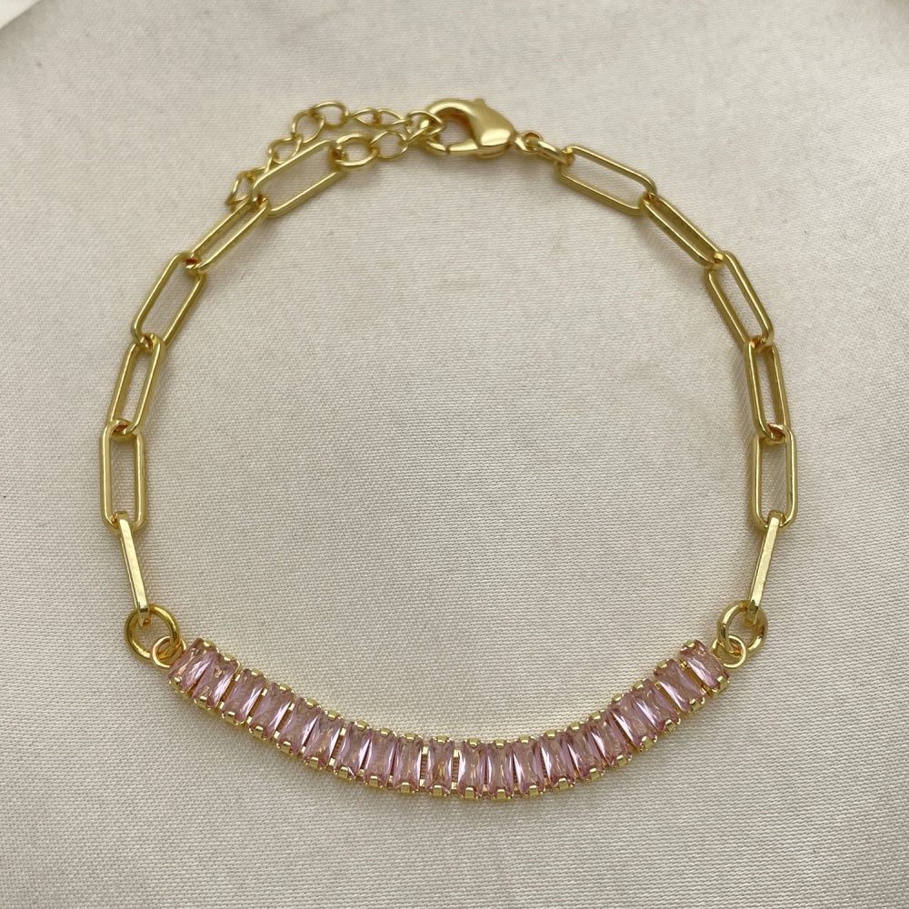 7" Adjustable Paperclip Bracelet w/ Cuban Link and Pink Sapphire Stones -Handmade Gold Filled Style - 03.130.0011.3.07