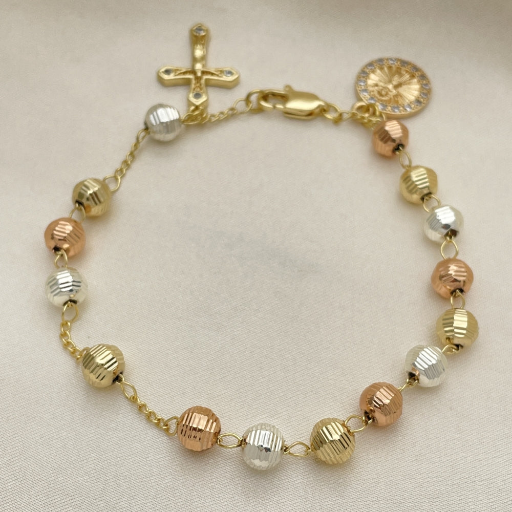 8" Gold Tricolor Ball Bracelet w/ Divino Nino (Baby Jesus) and Cross Design - Handmade Gold Filled Style Bracelets - 03.253.0093.08