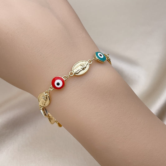 Gold Bracelet - Handmade Guadalupe and Evil Eye Lucky Charm the Highest Craftsmanship in Gold Filled Style Bracelet  03.213.0225.08