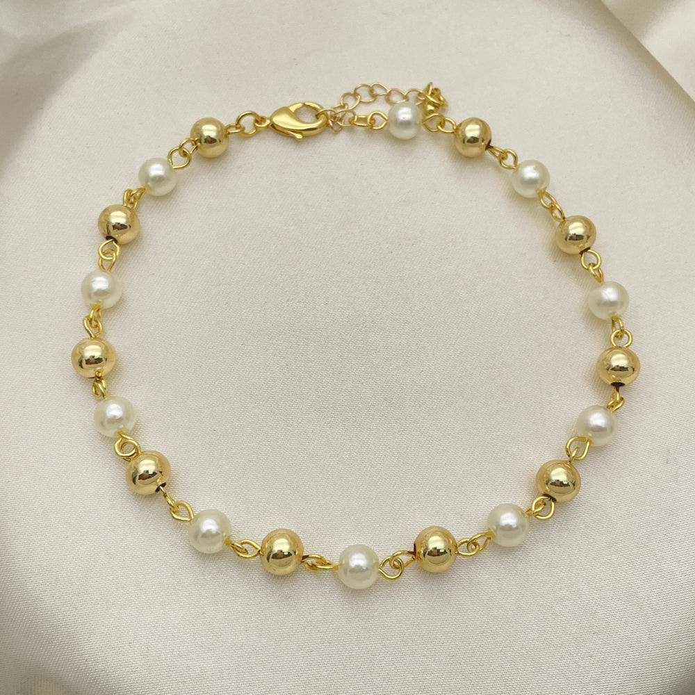 Gold Anklet - Pearl Design w/ Gold Bead Pattern Handmade - Gold Filled Style Anklets 03.63.2227.10