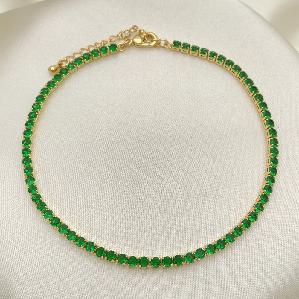 Green Emerald Rhinestone Gold Anklet - Handmade with Lab. Round Gemstone and the Highest Gold Filled Style Craftsmanship - 03.130.0009.8.10