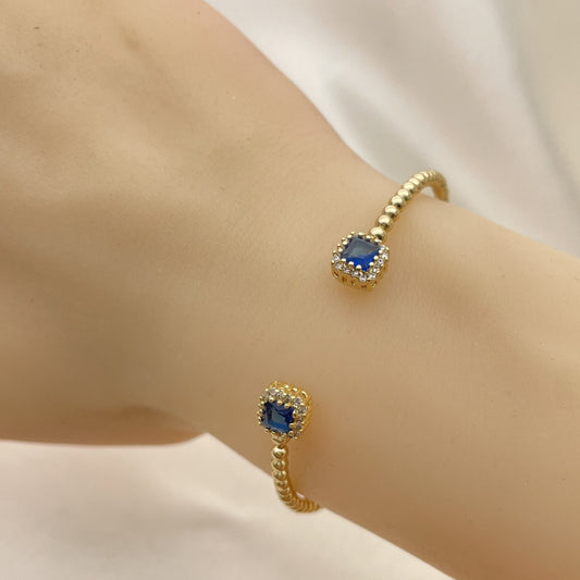 Open Gold Bead Bangle Bracelet - Handmade w/ Sapphire Blue Design - Gold Filled Style Cuff Bangles - 07.228.0004.3