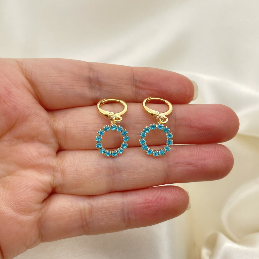 Round Lever Back Earrings Bright Light Circle Incrusted w/ Light Blue Sapphire Lab Made Crystal - Gold Filled Style Earring 02.02.0495.5.15