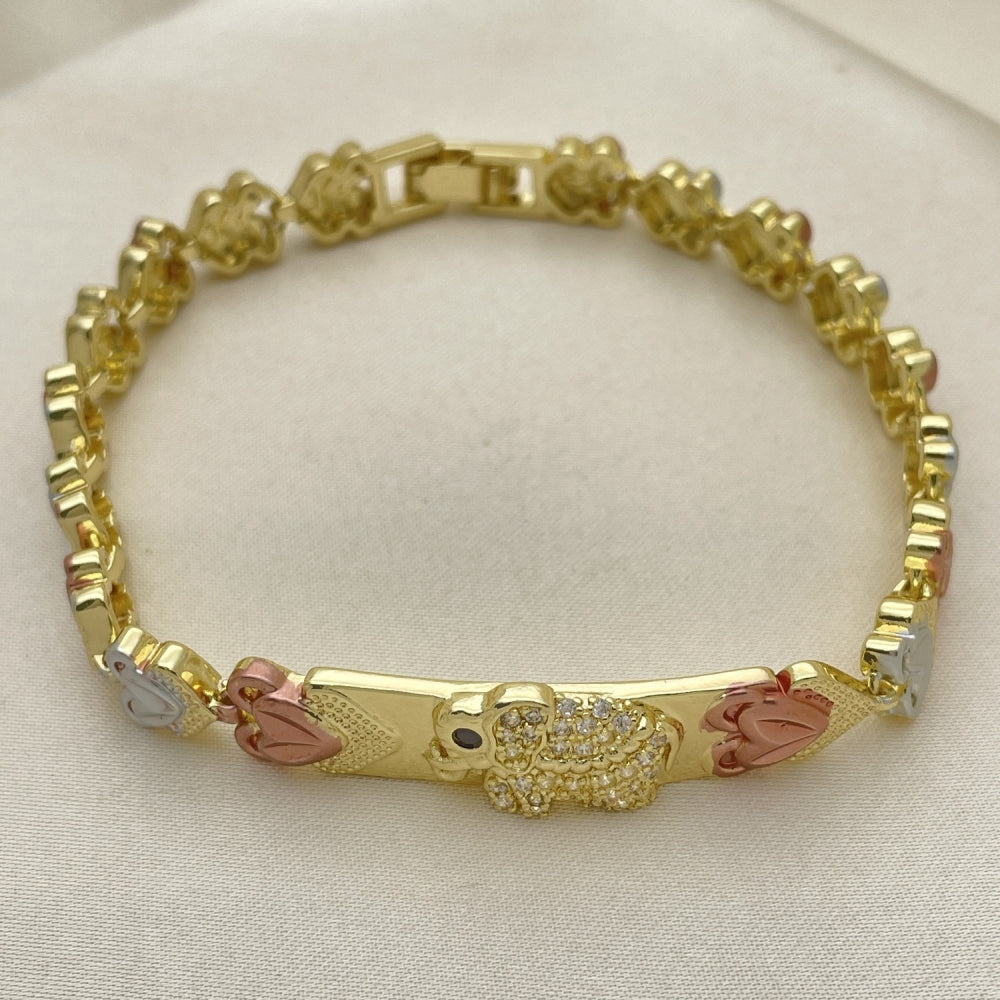 8" Tricolor Gold Fancy Heart Bracelet w/ Elephant Design - Handmade Gold Filled Style Bracelets - 03.253.0074.08