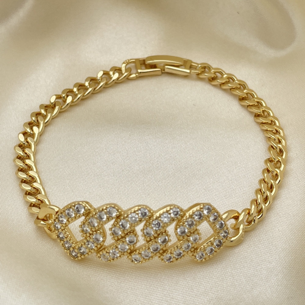 7" Gold Miami Cuban Fancy Bracelet  w/ White CZ Stones - Handmade Gold Filled Style Bracelets - 03.283.0049.07