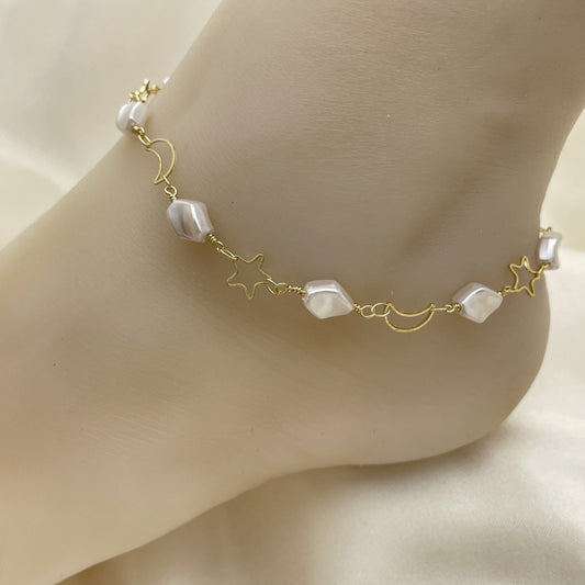 Gold Anklet - Star and Moon Design w/ Pearl Charms Handmade with the Highest Craftsmanship - Gold Filled Style Anklets 03.386.0020.10