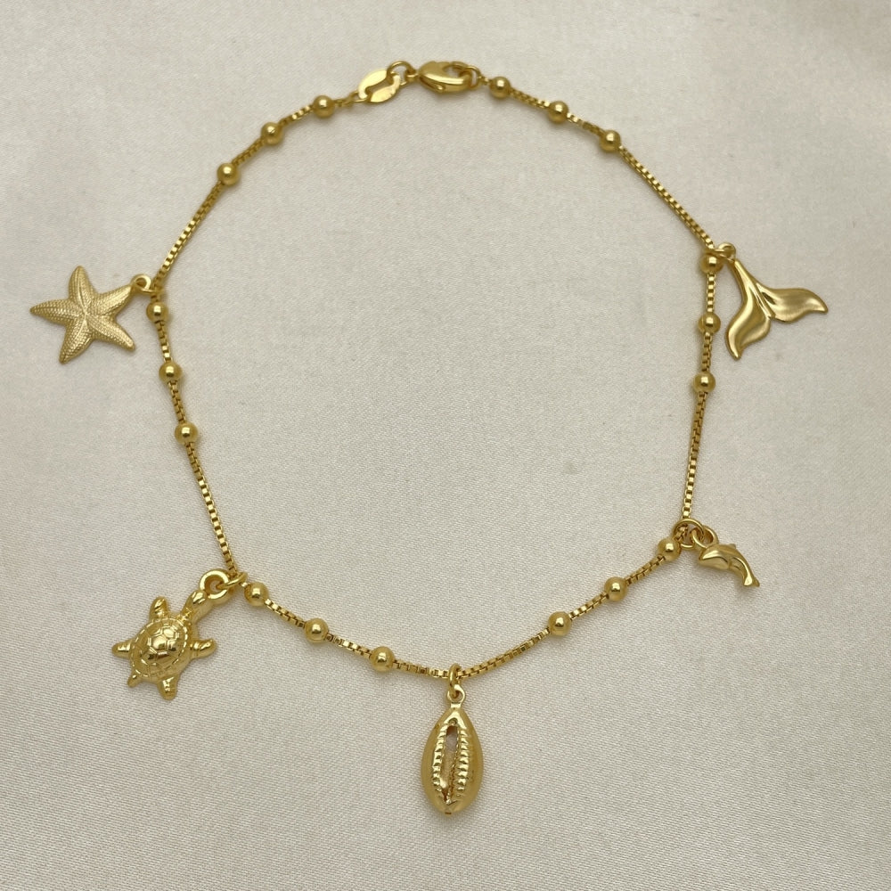 Gold Anklet - Handmade Ball Style Anklet w/ Turtle, Shell, Dolphin Charm Highest Craftsmanship - Gold Filled Style Anklets 03.32.0591.10