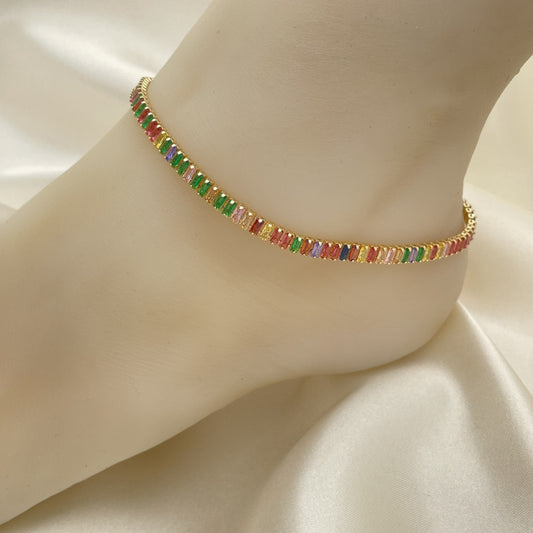 Multi Color Stone Gold Anklet - Handmade with the Highest Gold Filled Style Craftsmanship - Rainbow Colored Anklets 03.130.0008.4.10