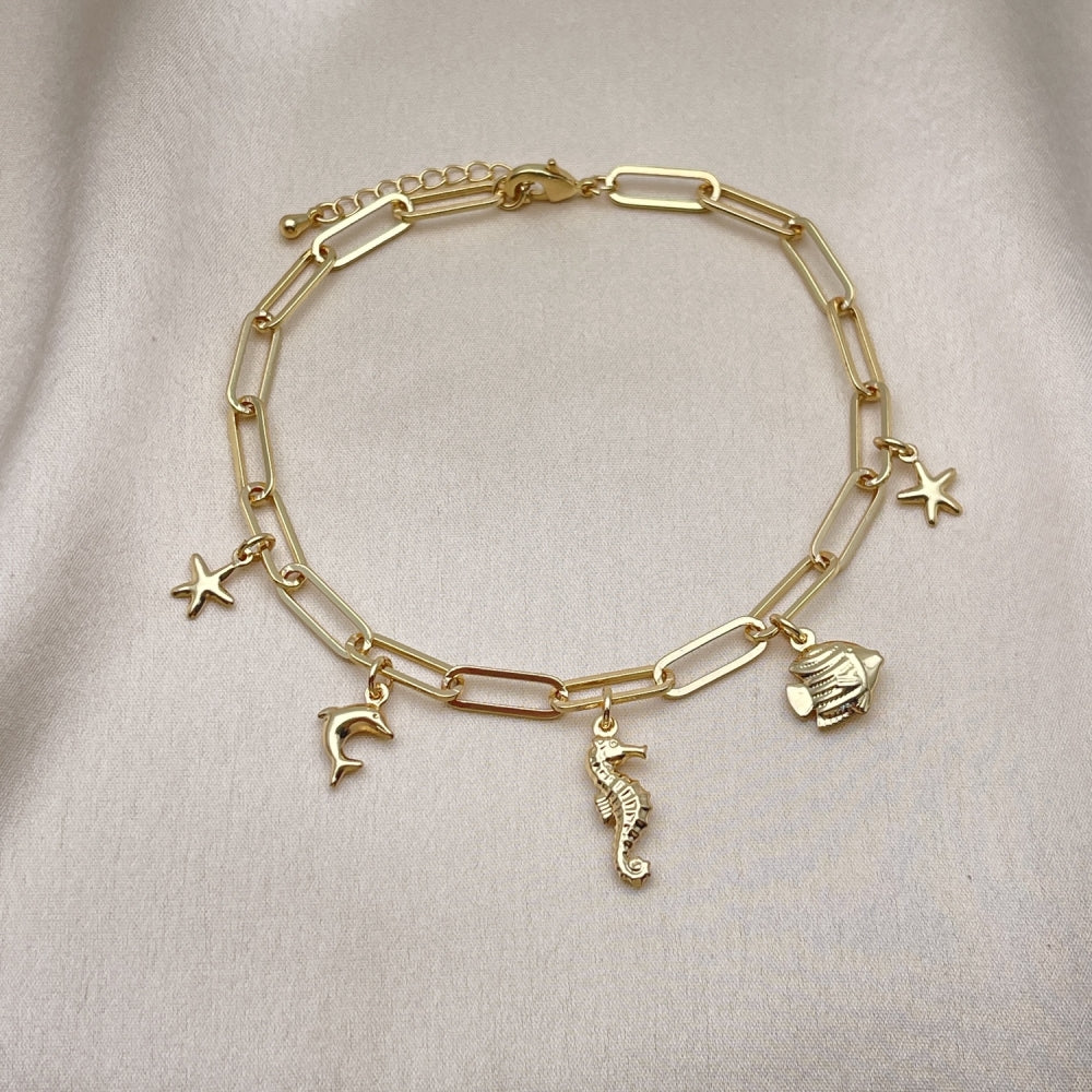 Gold Anklet - Paperclip Chain w/ Dolphin, Seahorse, Fish Charms Handmade with the Highest Gold Filled Style Craftsmanship -  03.63.2281.10