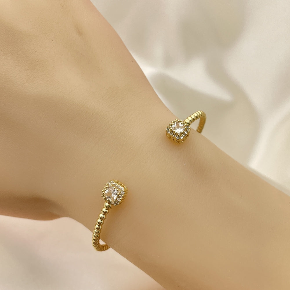 Open Gold Bead Bangle Bracelet - Handmade w/ White CZ Spacer Design - Gold Filled Style Cuff Bangles 07.228.0004