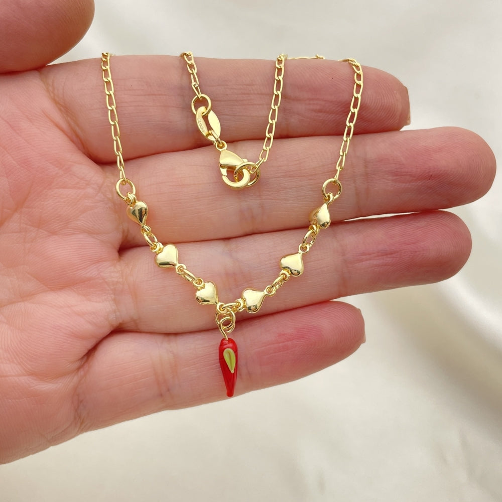 Gold Anklet - Heart Style w/ Chili Pepper Handmade with the Highest Gold Filled Style Craftsmanship - Gold Filled Anklets 03.32.0602.10