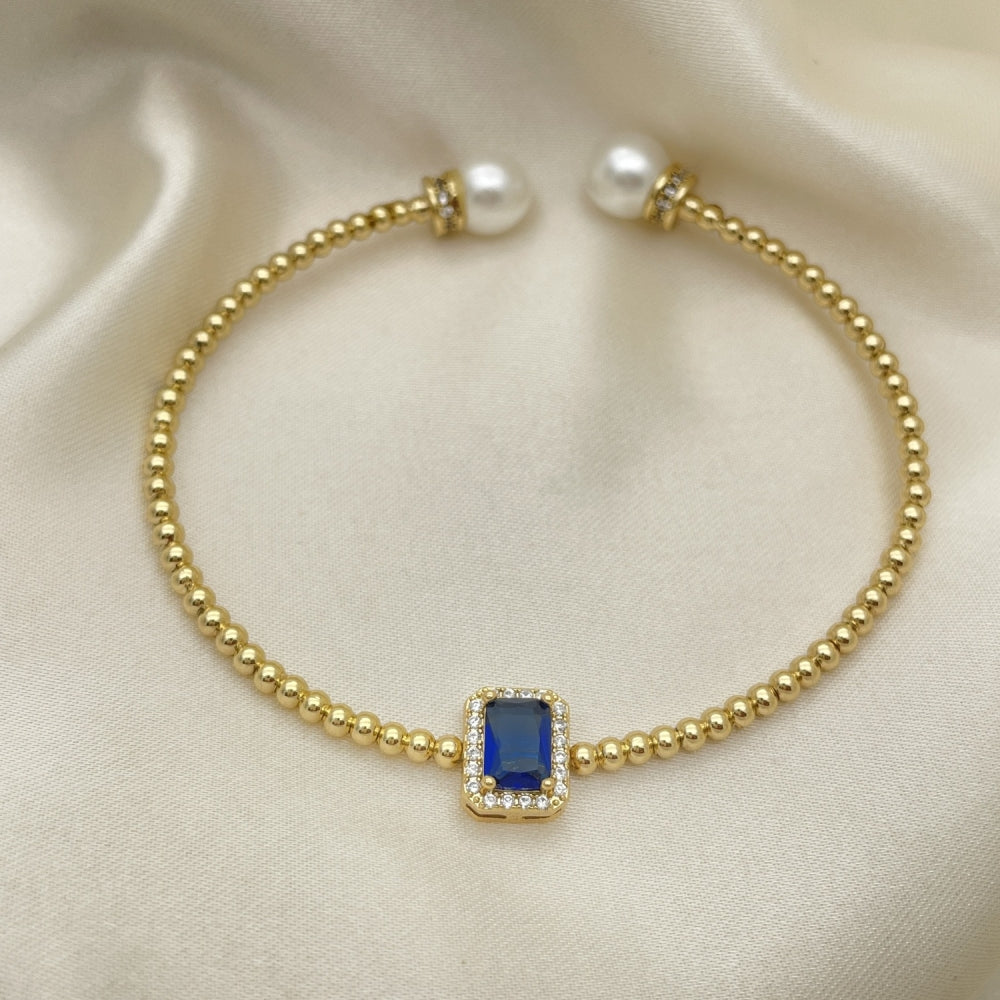 Open Gold Bead Bangle Bracelet - Handmade w/ Sapphire Blue Stone - Gold Filled Style Cuff Bangles 07.228.0001.2