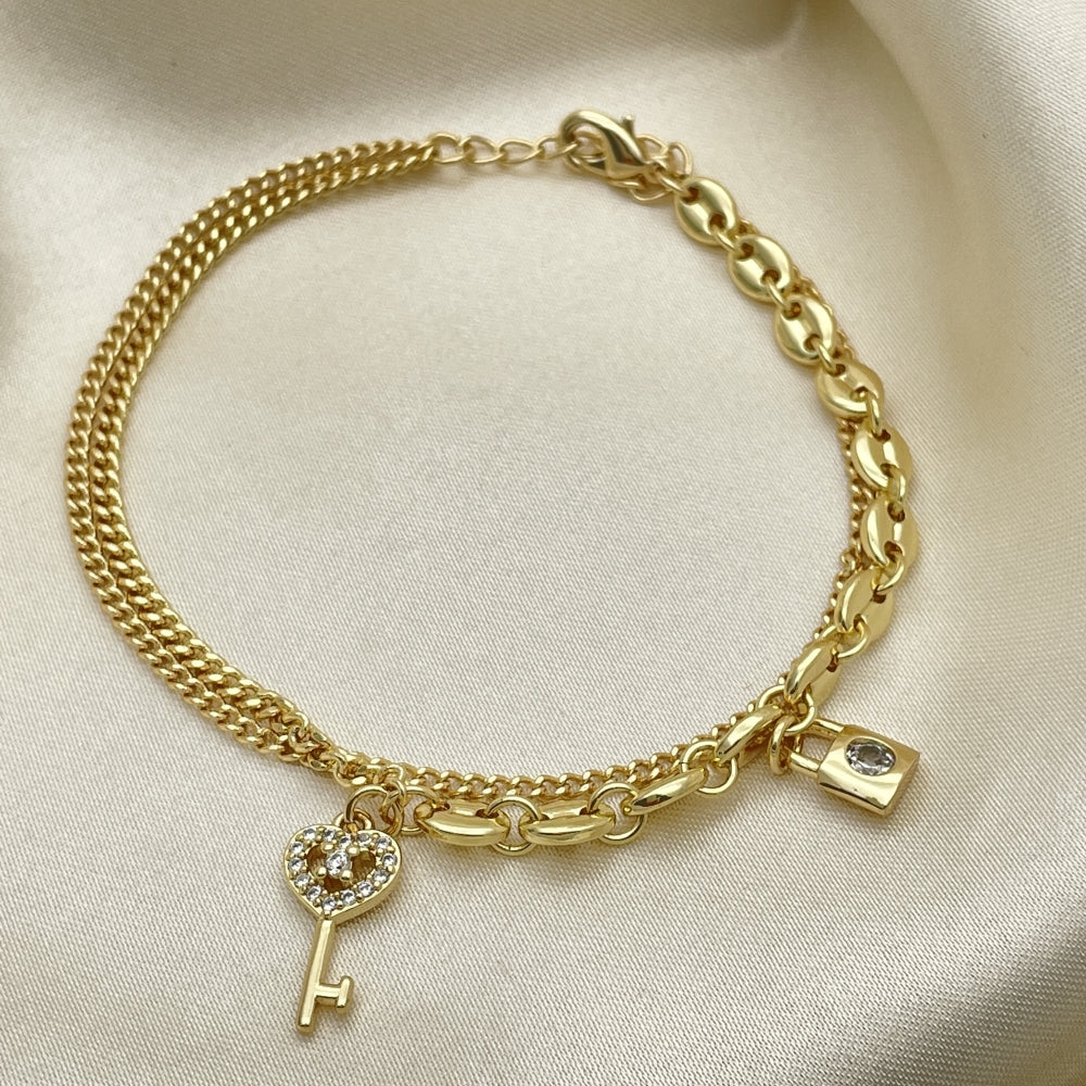 7" Gold Charm Bracelet w/ Mariner Chain Link and Key Lock Charms - Handmade Gold Filled Style Bracelets - 03.213.0213.07