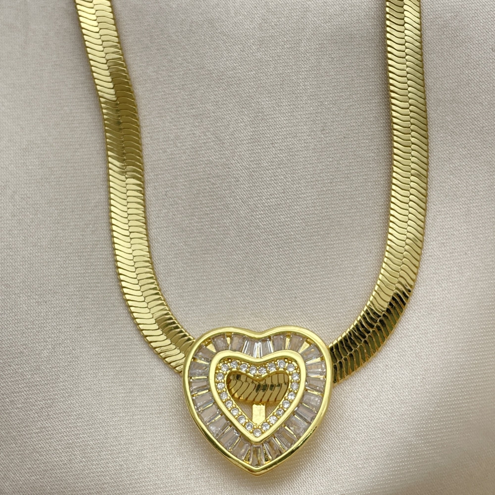 18" Gold Herringbone Necklace Chain w/ Baguette Heart Charm - 14K Gold Filled Style Necklace Gift for Her - 04.341.0100.18