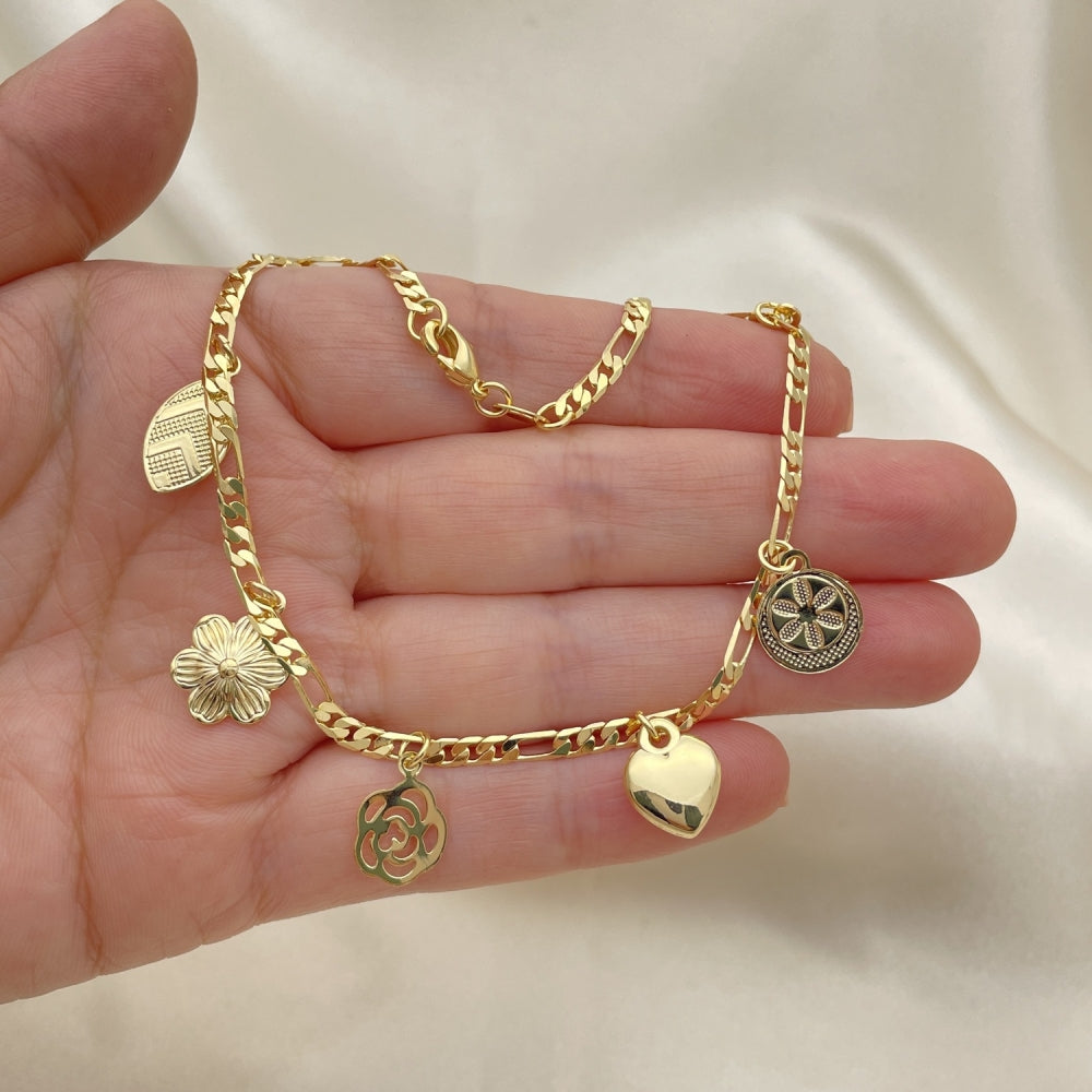 Gold Anklet - Figaro Chain w/ Leaf, Flower Heart Charms Handmade with the Highest Gold Filled Style Craftsmanship - Minimalist 03.32.0604.10