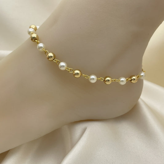 Gold Anklet - Pearl Design w/ Gold Bead Pattern Handmade - Gold Filled Style Anklets 03.63.2227.10