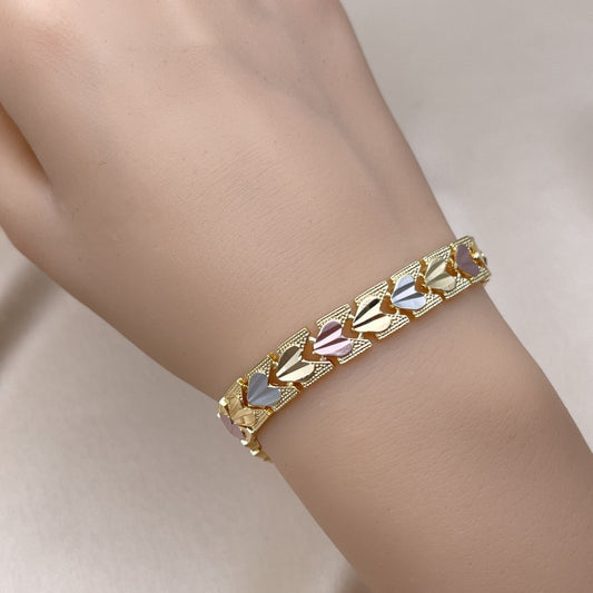 7" Tricolor Gold Bracelet - Heart Design Handmade With Solid Links the Highest Craftsmanship - Gold Filled Bracelets 03.102.0074.07