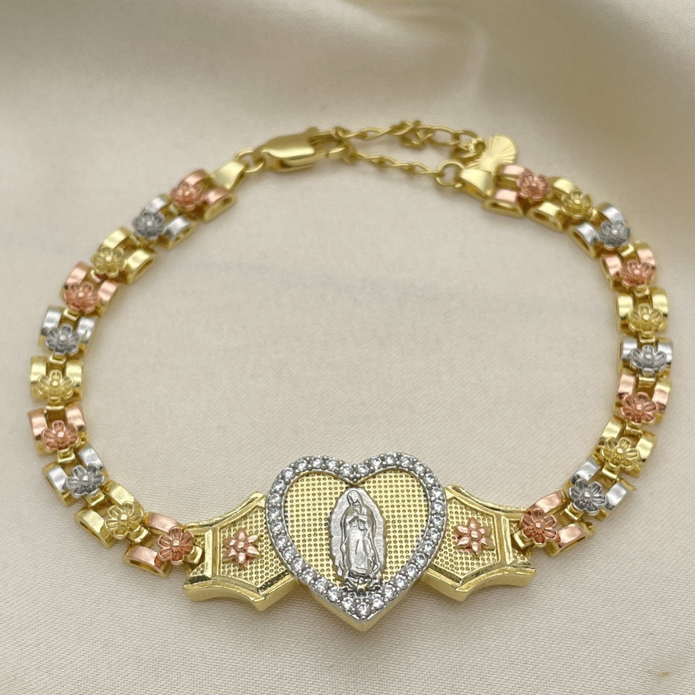 8" Tricolor Gold Bracelet Fancy w/ Heart Shape Guadalupe (Virgin Mary) White CZ- Handmade Gold Filled Style Bracelets - 03.253.0085.07