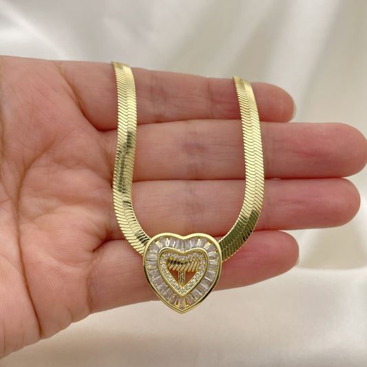 18" Gold Herringbone Necklace Chain w/ Baguette Heart Charm - 14K Gold Filled Style Necklace Gift for Her - 04.341.0100.18