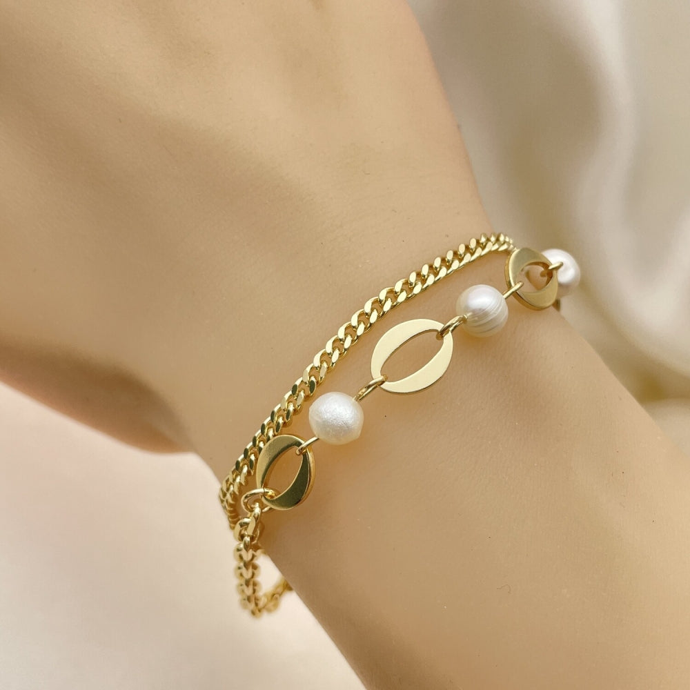 7" Gold Miami Cuban Bracelet w/ Ivory Pearl - Handmade Gold Filled Style Bracelets - 03.213.0204.07