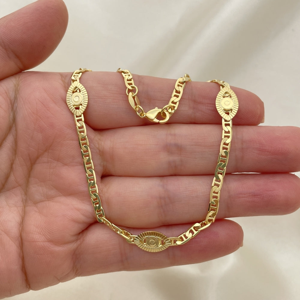 Gold Anklet - Handmade Mariner Chain w/ Gold Evil Eye Charm Gold Filled Style Craftsmanship - 10" Adjustable Anklet 03.32.0617.10