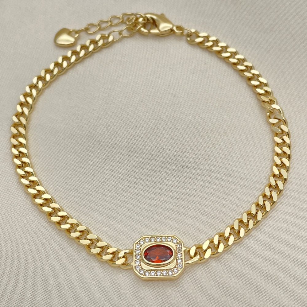 7" Adjustable Cuban Bracelet w/ Ruby Red and White Stones Handmade - Gold Filled Bracelets - 03.213.0162.2.07