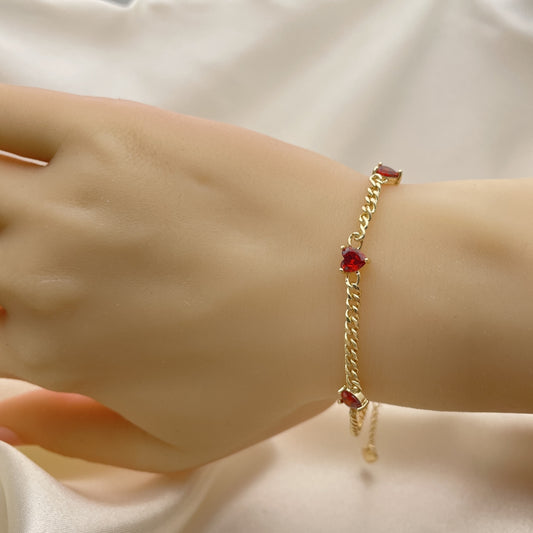 7" Adjustable Gold Cuban Bracelet w/ Ruby Red Stones - Handmade Gold Filled Style Bracelets - 03.213.0184.5.07