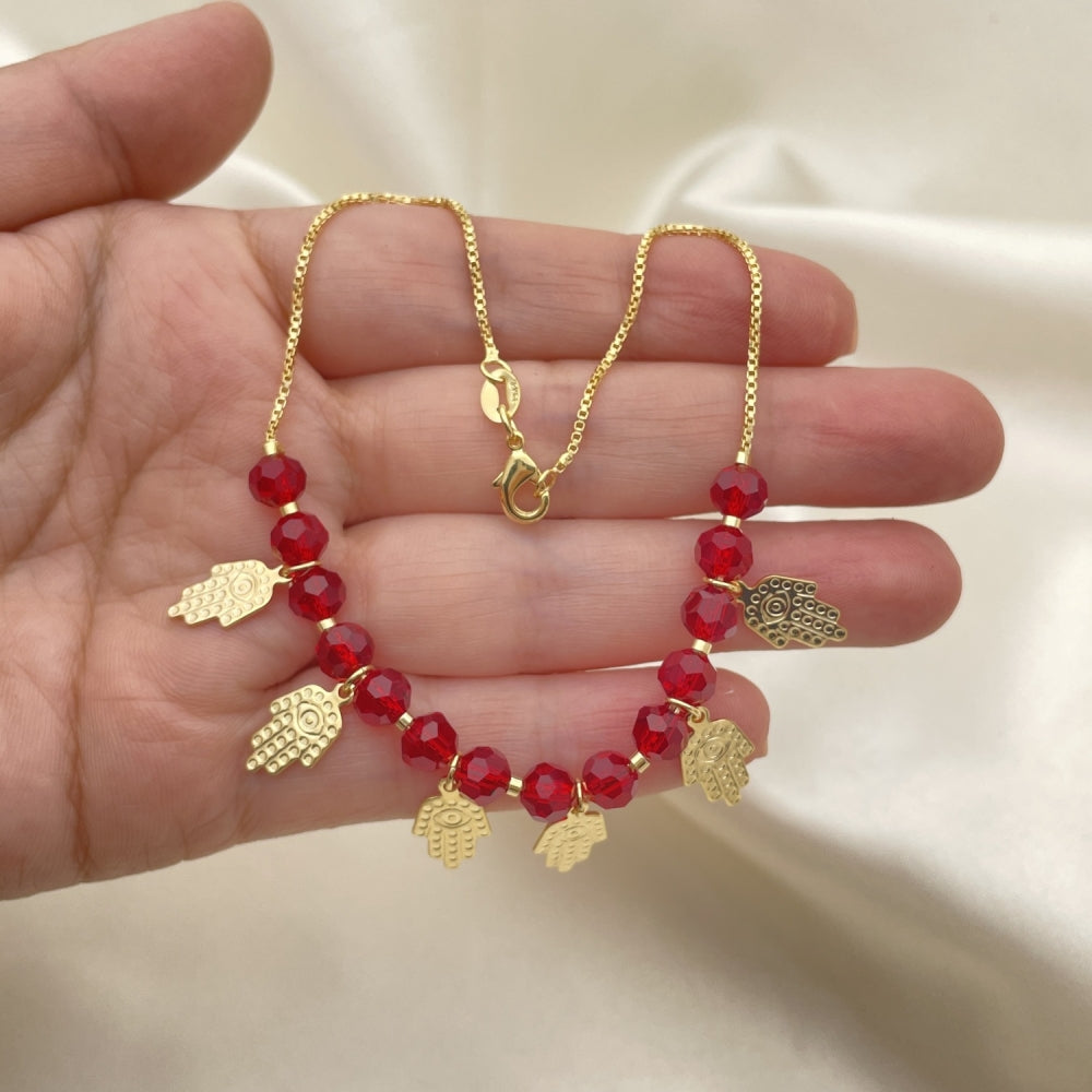 Gold Anklet - Ruby Color Red Beads w/ Hamsa Charms Handmade with the Highest Craftsmanship - Gold Filled Style Anklets 03.32.0596.10