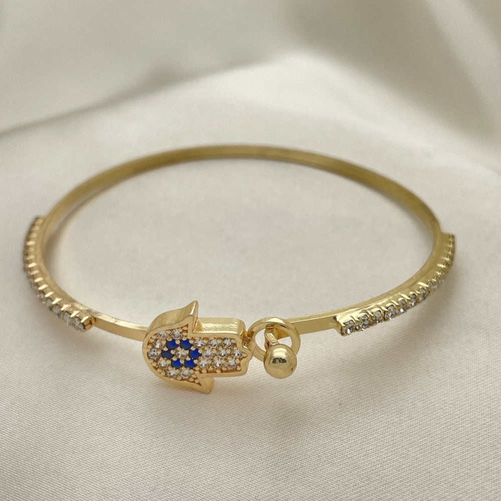 Open Gold CZ Bangle Bracelet - Handmade w/ Hamsa Sapphire Blue and White CZ Design  - Gold Filled Style Cuff Bangles 07.193.0029.04